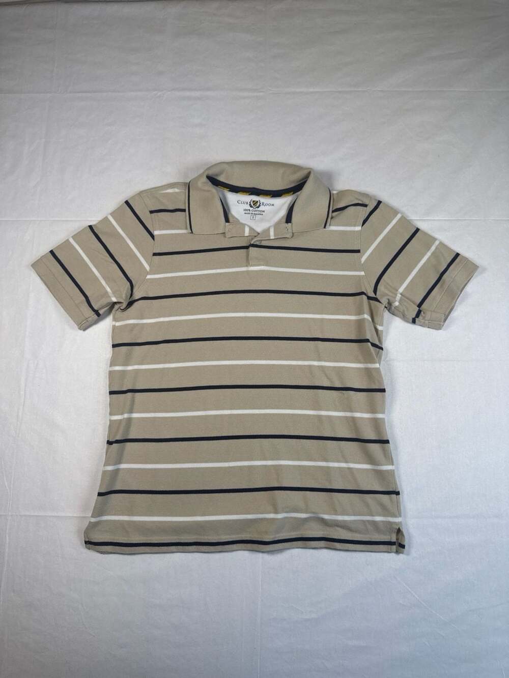 Club Room Men's Khaki and Navy Striped Short Sleeve Cotton Polo Shirt
